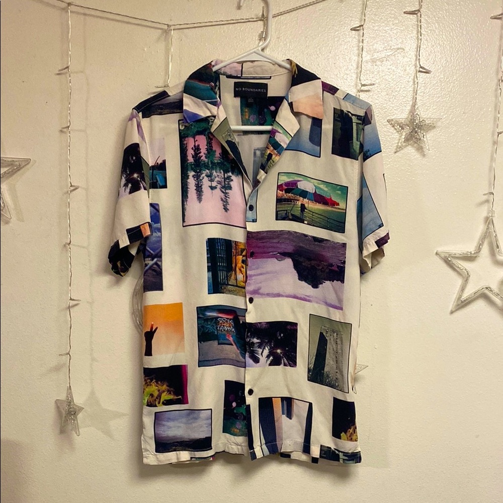 No Boundaries Button Down Summer Photo Collage Shirt